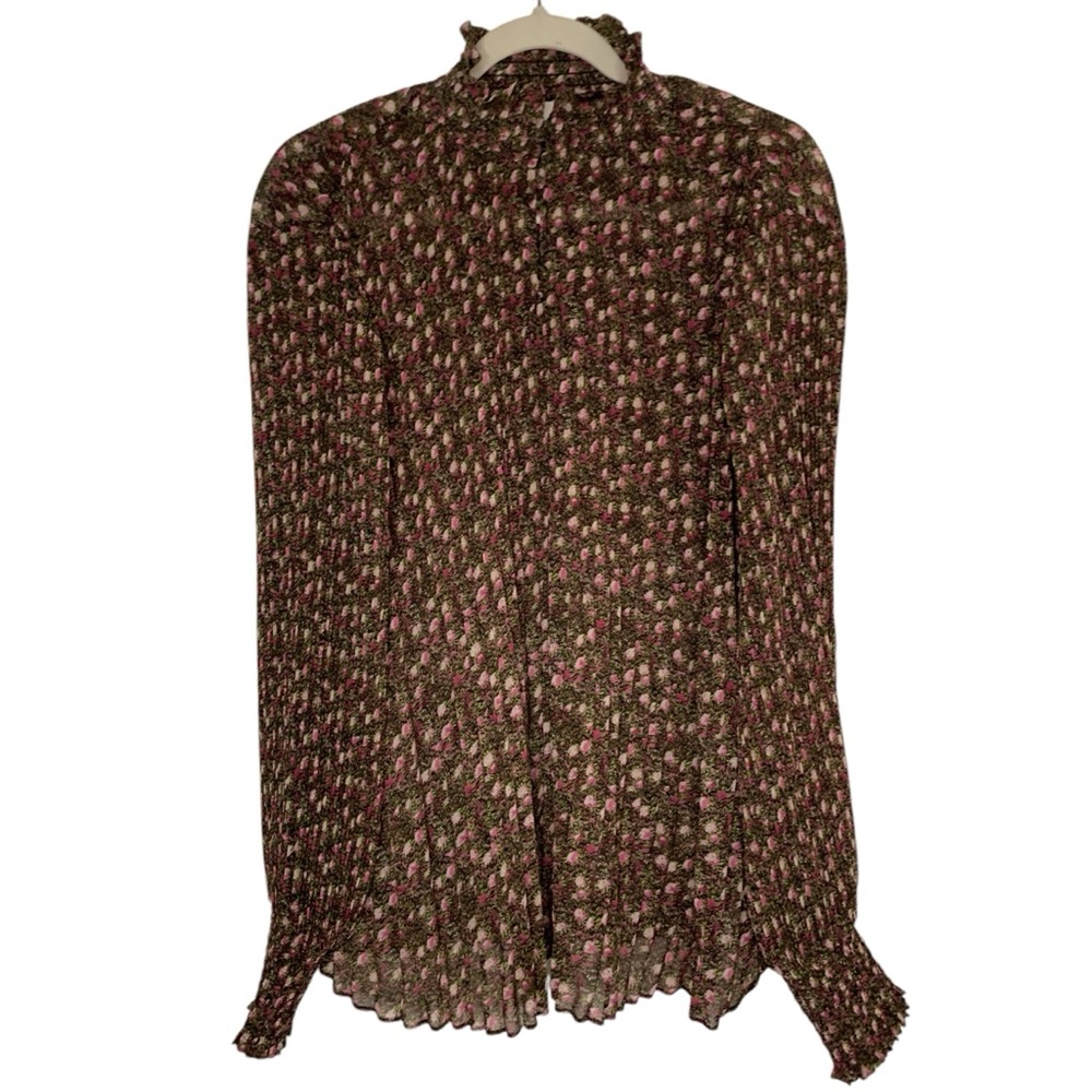 CAbi Medium Oversized Knife Pleated Sheer Floral Print High Neck Button Blouse